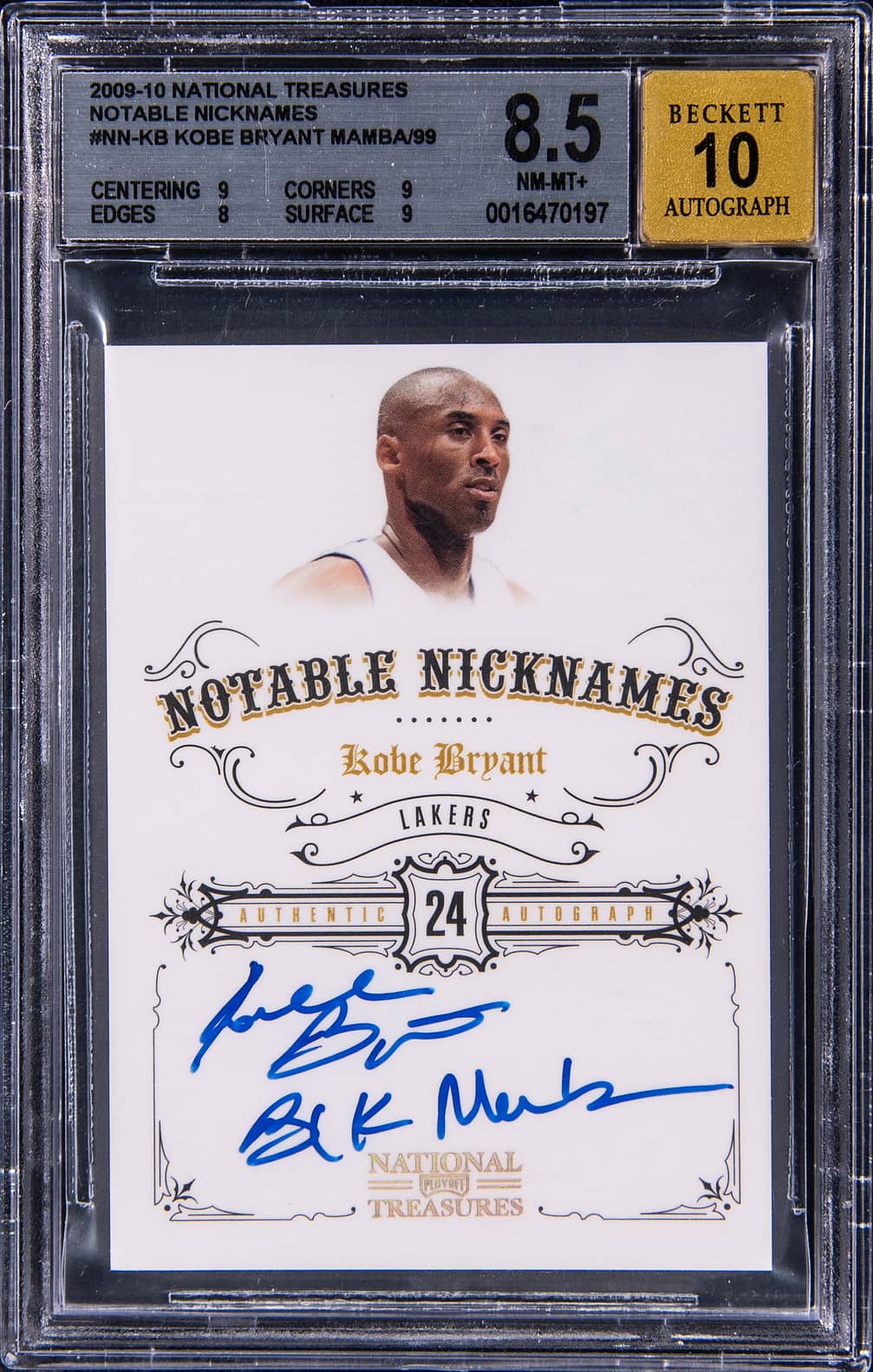 2009-10 Panini Playoff National Treasures Notable Nicknames #NN-KB Kobe Bryant Signed, Inscribed "Blk Mamba" Card (#29/99) - BGS 8.5, Beckett 10 - Includes Original Redemption Card