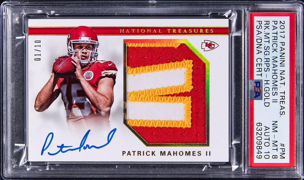 2017 Panini National Treasures Rookie Material Signatures RPS Holo Gold #RMS-PM Patrick Mahomes II Signed Patch Rookie Card (#01/10) - PSA 8, PSA/DNA GEM MT 10