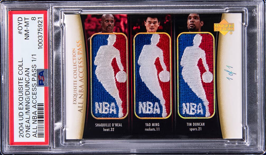 2004-05 Upper Deck Exquisite Collection All-NBA Access Pass #OYD Shaquille O'Neal/Yao Ming/Tim Duncan Game-Used Logoman Patch Card (#1/1) - PSA 8