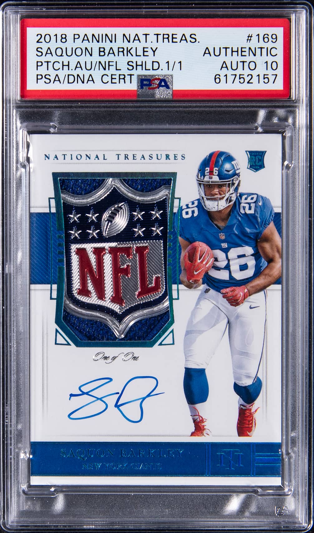 2018 Panini National Treasures Rookie Patch Autograph (RPA) NFL Shield #169 Saquon Barkley Signed Patch Rookie Card (#1/1) - PSA Authentic, PSA/DNA GEM MT 10