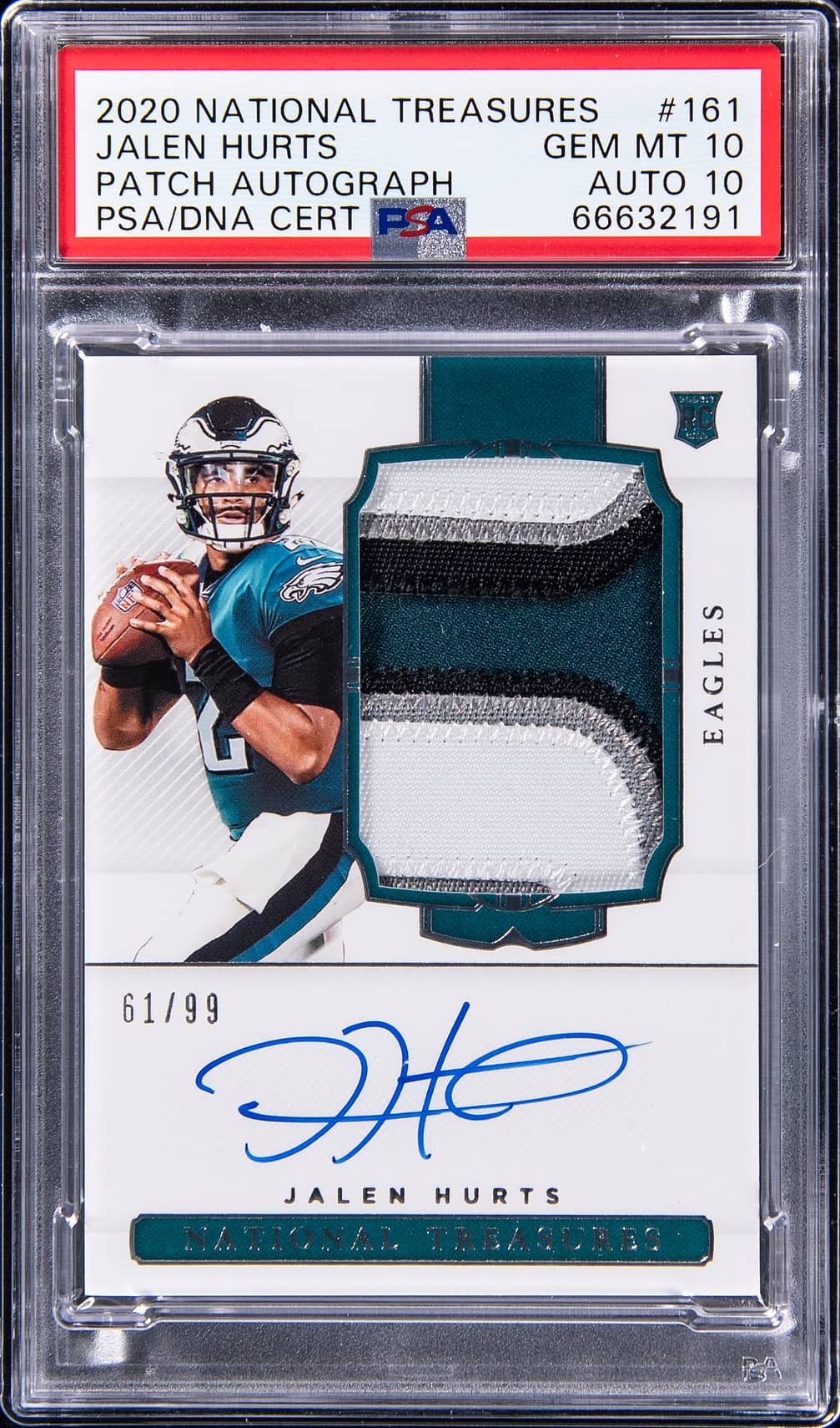 2020 Panini National Treasures Rookie Patch Autograph (RPA) #161 Jalen Hurts Signed Patch Rookie Card (#61/99) - PSA 10, PSA/DNA GEM MT 10