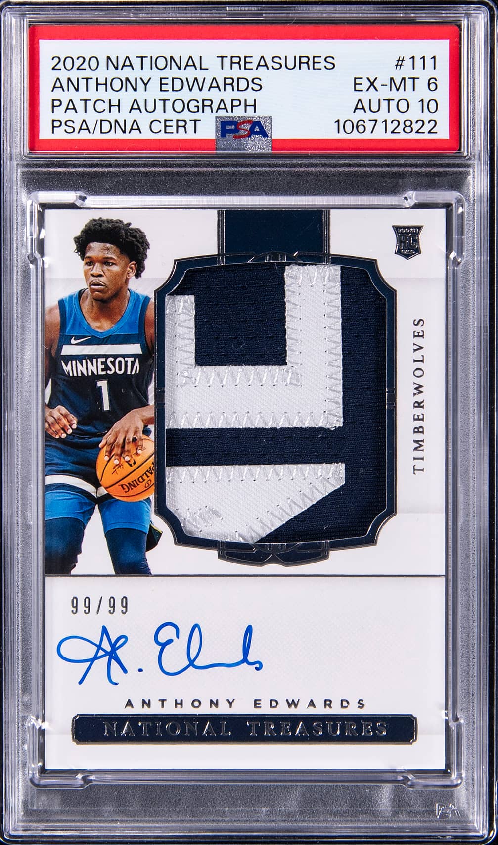 2020-21 Panini National Treasures Rookie Patch Autograph (RPA) #111 Anthony Edwards Signed Patch Rookie Card (#99/99) - PSA 6, PSA/DNA GEM MT 10