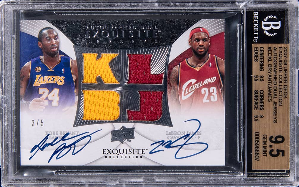 2007-08 Upper Deck Exquisite Collection Autographed Dual Jerseys #ED-KL Kobe Bryant/LeBron James Dual-Signed Game-Used Relic Card (#3/5) - BGS 9.5, Beckett 10