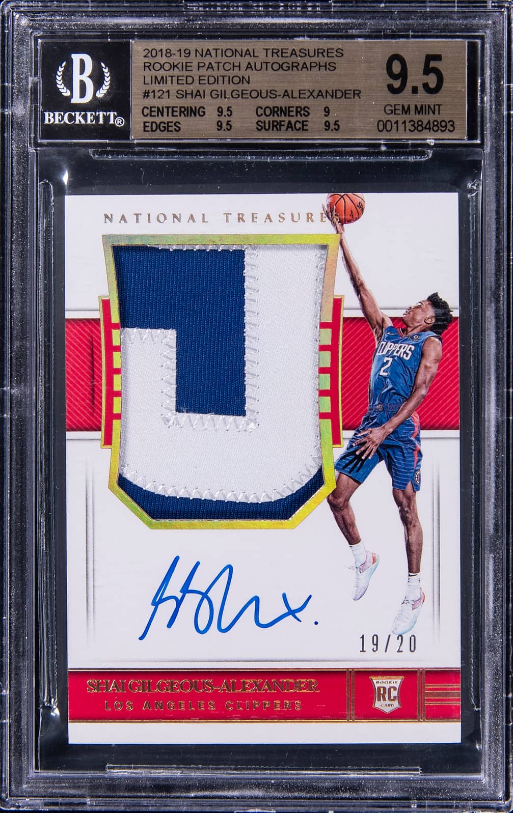2018-19 Panini National Treasures Rookie Patch Autograph (RPA) Limited Edition #121 Shai Gilgeous-Alexander Signed Patch Rookie Card (#19/20) - BGS 9.5, Beckett 10