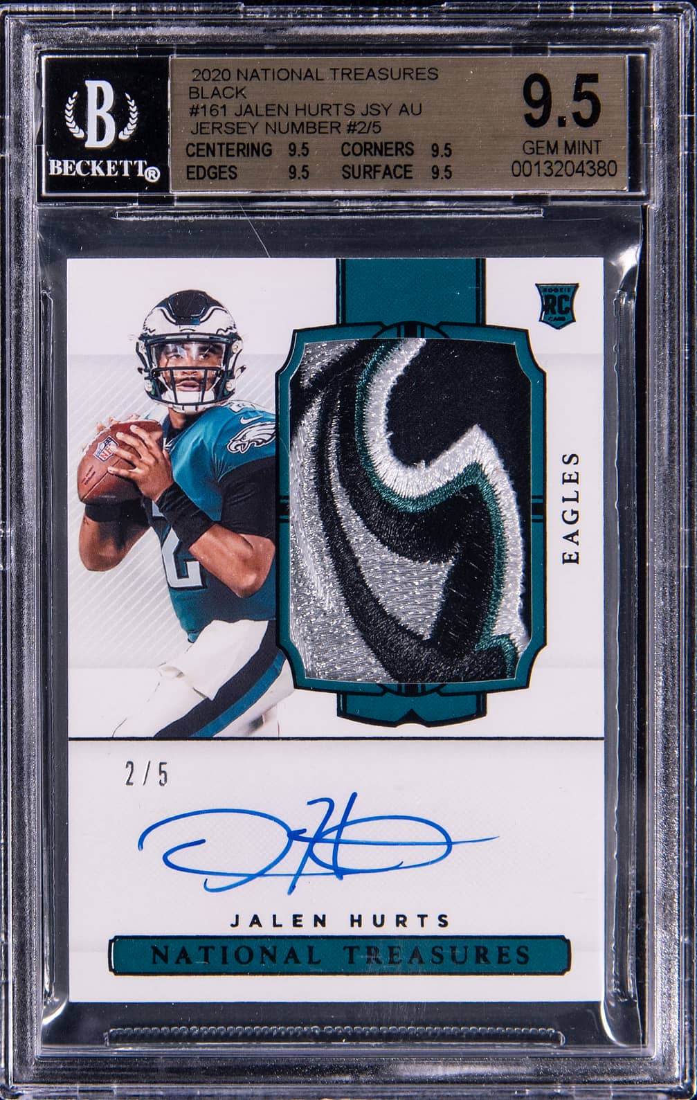 2020 Panini National Treasures Rookie Patch Autograph (RPA) Black #161 Jalen Hurts Signed Patch Rookie Card (#2/5) - Jersey Number - BGS 9.5, Beckett 10 - True Gem