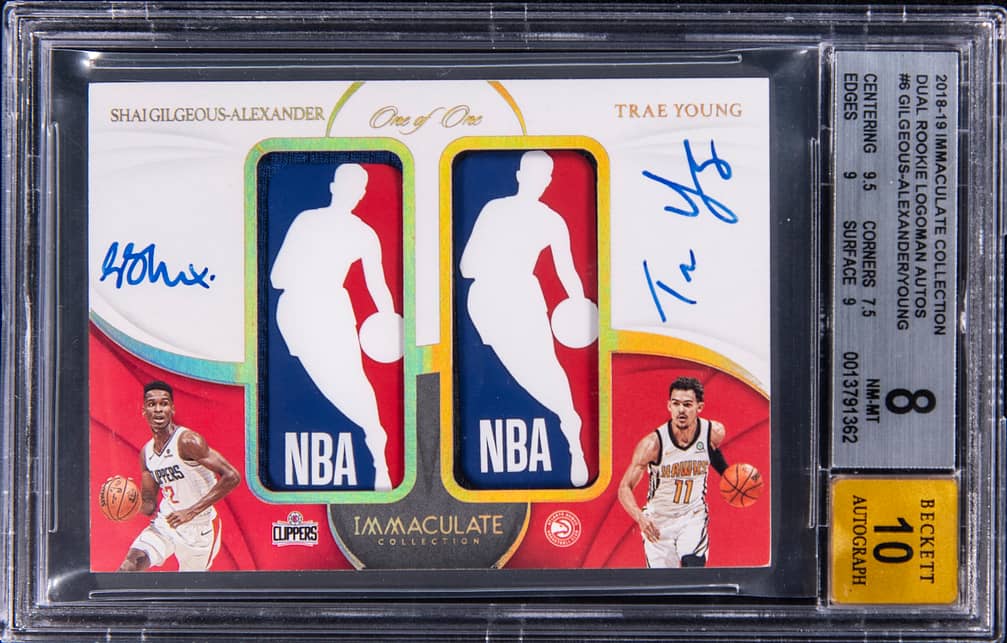 2018-19 Panini Immaculate Collection Dual Rookie Logoman Autographs #DR-ST Shai Gilgeous-Alexander/Trae Young Dual-Signed Patch Rookie Card (#1/1) - BGS 8, Beckett 10