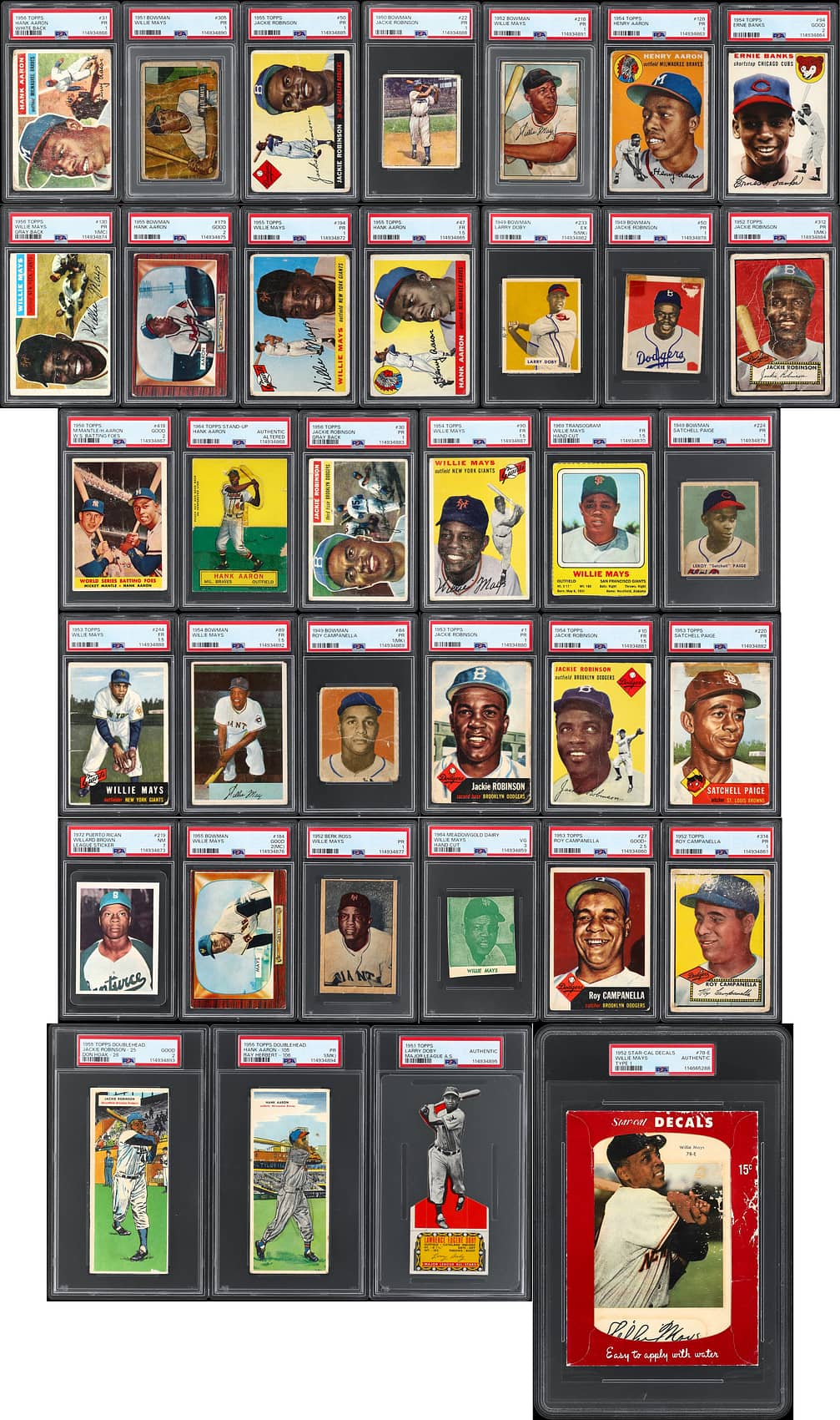 1950-1980s Topps, Assorted Brands African-American Baseball Hall of Famers, Stars Collection (1800+) - Featuring 36 PSA-Graded Items (Including Mays, Paige, Aaron, Banks Rookie Cards) with Programs, Tickets, Scorecards