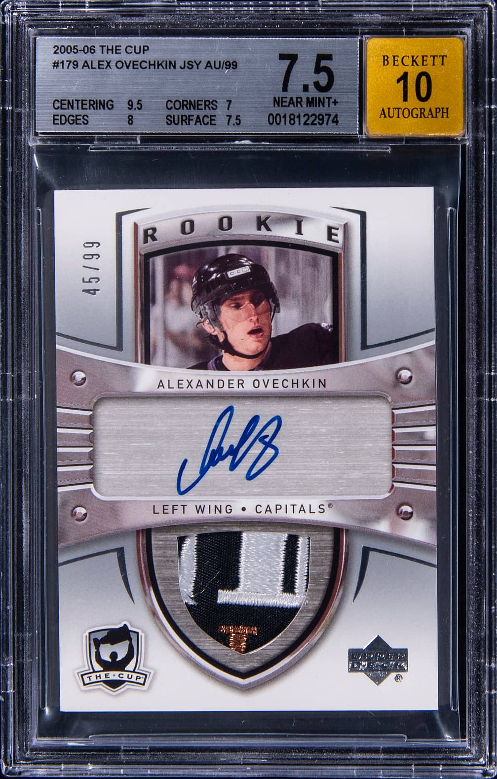 2005-06 Upper Deck The Cup Rookie Patch Autograph (RPA) #179 Alexander Ovechkin Signed Game-Used Patch Rookie Card (#45/99) - BGS 7.5, Beckett 10