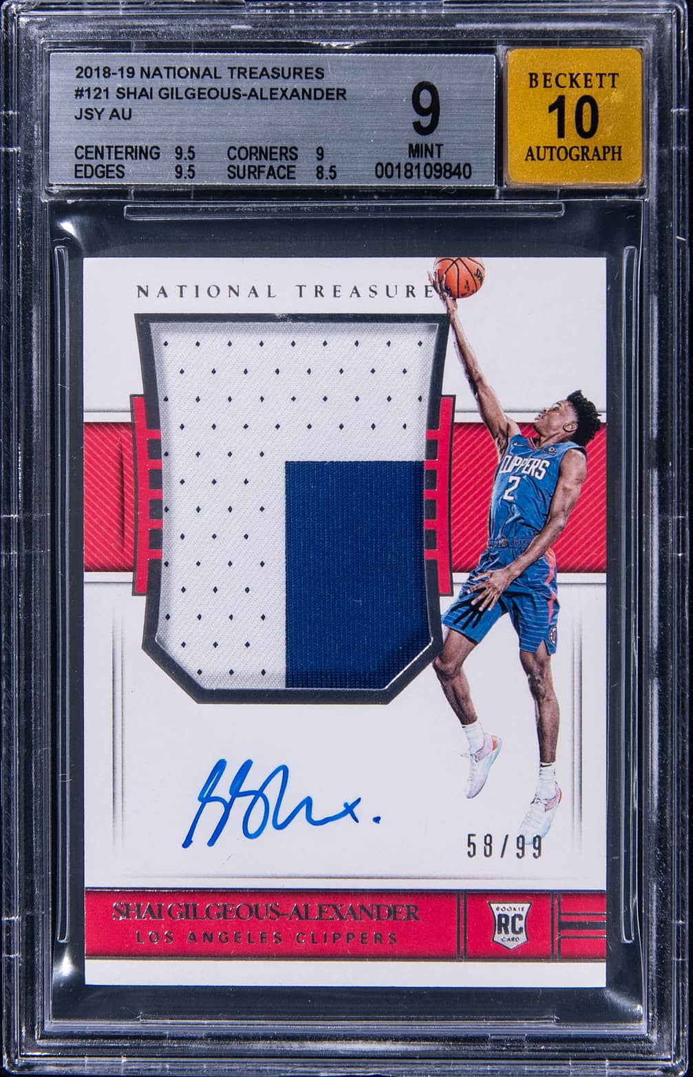 2018-19 Panini National Treasures Rookie Patch Autograph (RPA) #121 Shai Gilgeous-Alexander Signed Patch Rookie Card (#58/99) - BGS 9, Beckett 10