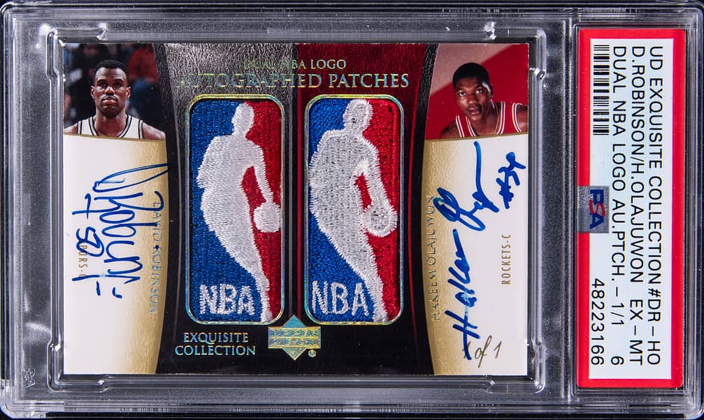 2004-05 Upper Deck Exquisite Collection Dual NBA Logo Autograph Patch #DR-HO David Robinson/Hakeem Olajuwon Dual-Signed Game-Used Logoman Patch Card (#1/1) - PSA 6