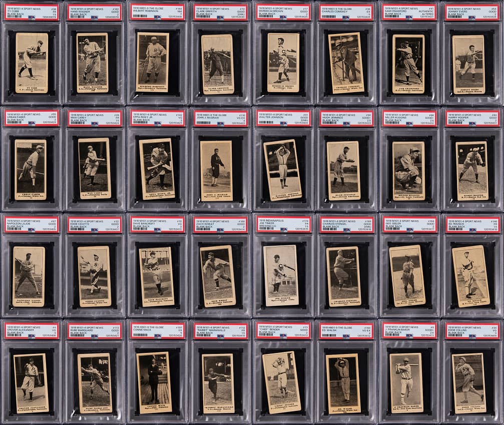 M101-4 Near-Set w/196 Cards; 32 PSA Graded Stars (31 Hall of Famers) - Includes 169 Blank Backs; 19 Globe Clothing; 7 Indianapolis Brewing (7); and One Sporting News - Missing Jackson (87); Ruth (151); Schang (155); Scott (158)