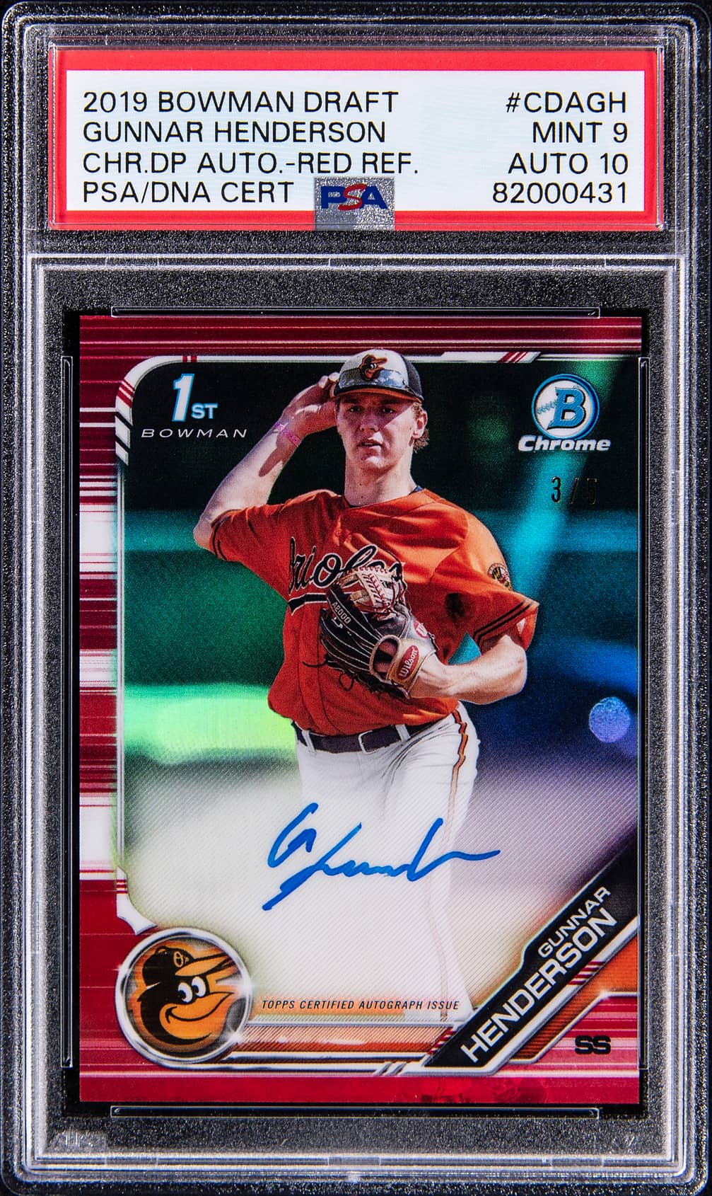 2019 Bowman Draft Chrome Draft Pick Autographs Red Refractor #CDA-GH Gunnar Henderson Signed Rookie Card (#3/5) - PSA 9, PSA/DNA GEM MT 10