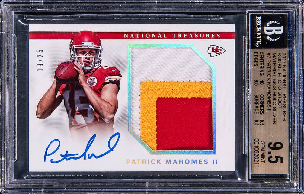 2017 Panini National Treasures Rookie Material Signatures RPS Holo Silver #RMS-PM Patrick Mahomes II Signed Patch Rookie Card (#19/25) - BGS 9.5, Beckett 10 - True Gem+