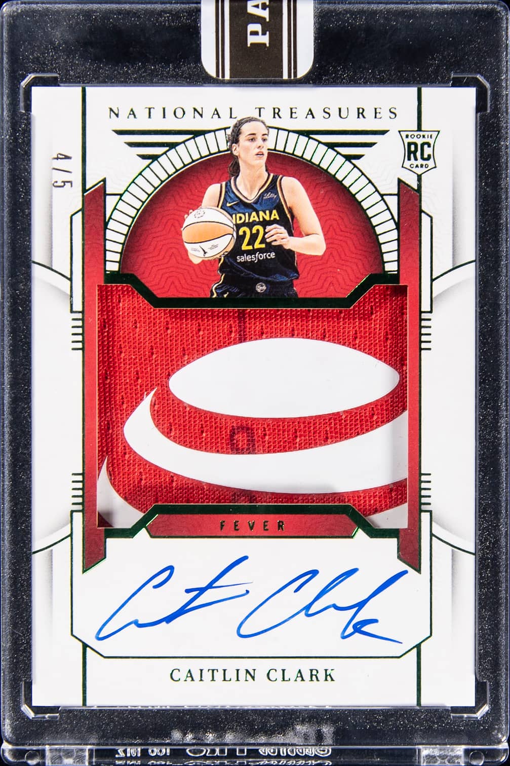 2024-25 Panini Instant Rookie Royalty WNBA National Treasures Rookie Patch Autograph (RPA) Emerald #RPA-CC Caitlin Clark Signed Patch Rookie Card (#4/5) - Panini Encased