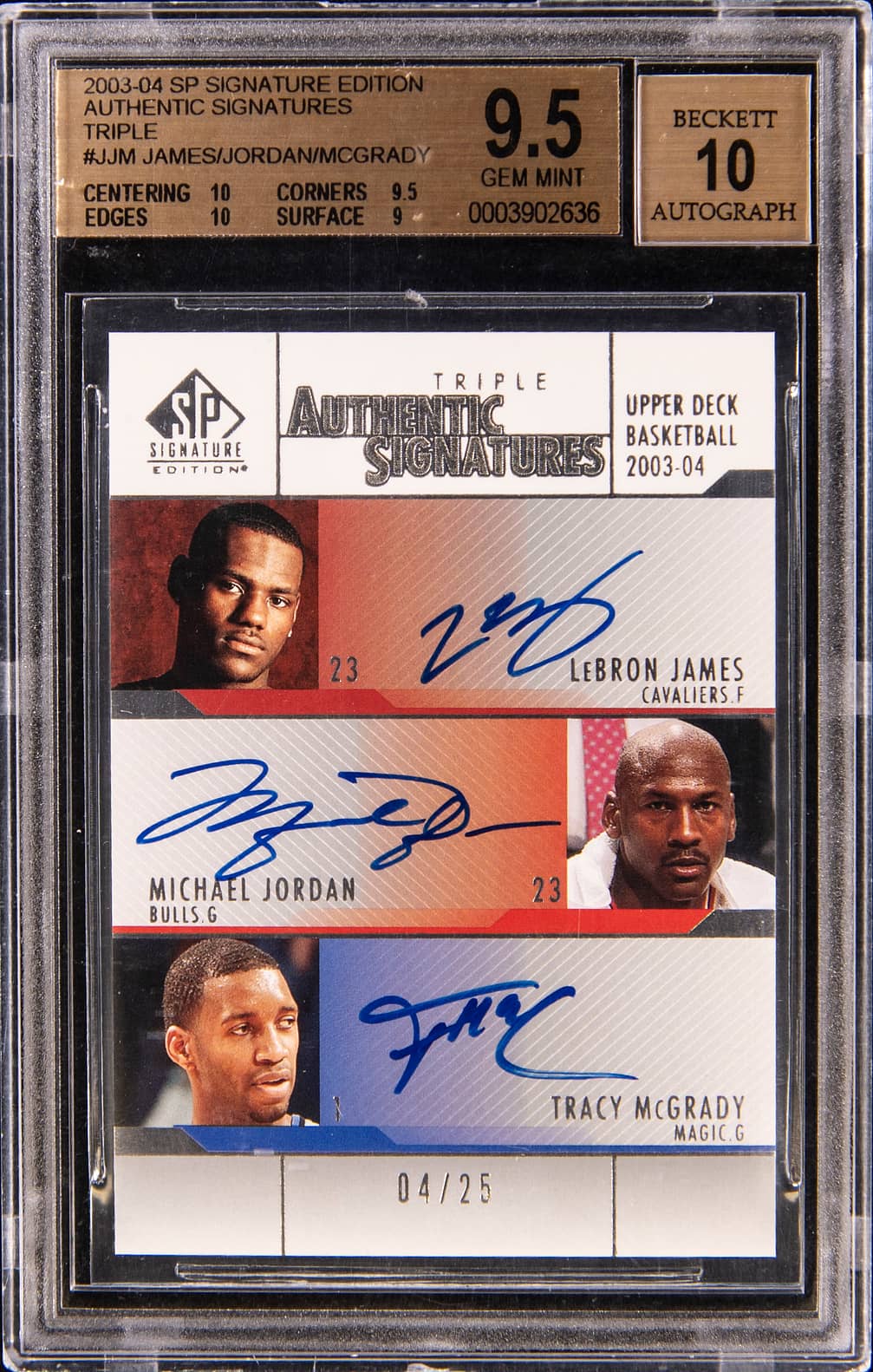 2003-04 Upper Deck SP Signature Edition Authentic Signatures Triple #A-JBM LeBron James/Michael Jordan/Tracy McGrady Multi-Signed Card (#04/25) - BGS 9.5, Beckett 10