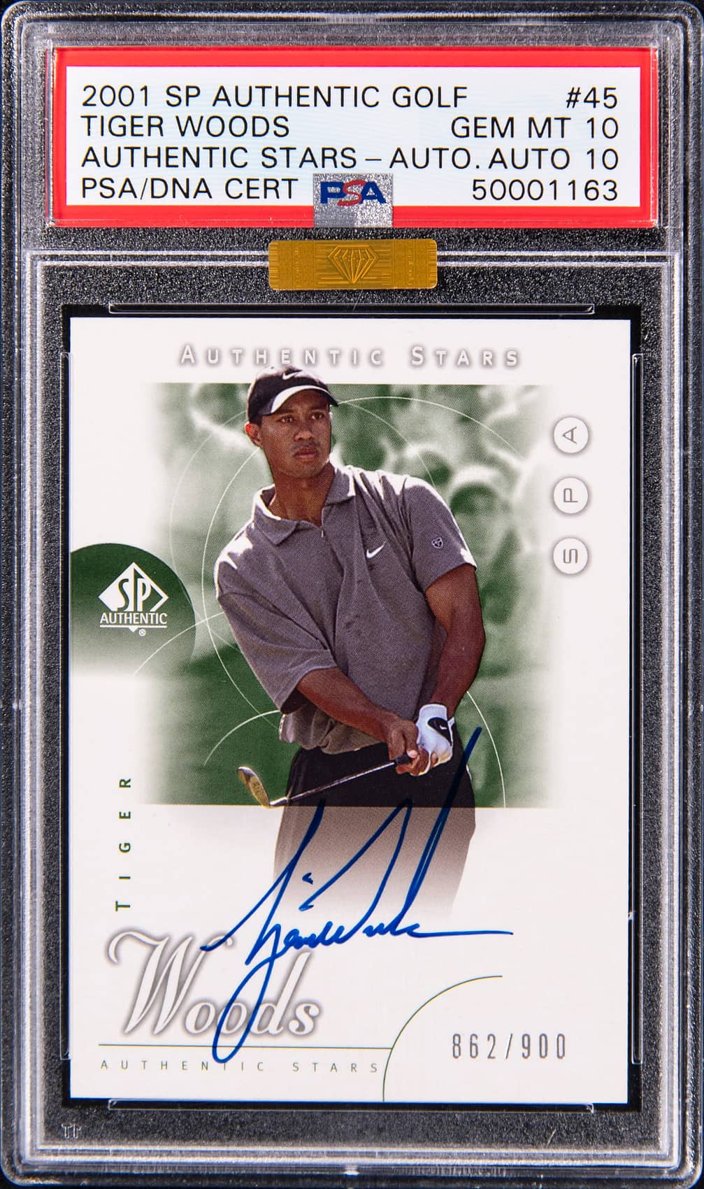 2001 Upper Deck SP Authentic Stars Autograph #45 Tiger Woods Signed Rookie Card (#862/900) - PSA 10, PSA/DNA GEM MT 10 - MBA Gold Diamond Certified
