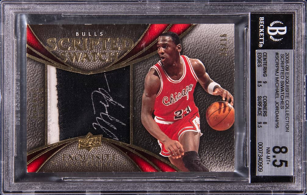 2008-09 Upper Deck Exquisite Collection Scripted Swatches #SCRP-MJ Michael Jordan Signed Game-Used Patch Card (#05/16) - BGS 8.5, Beckett 10