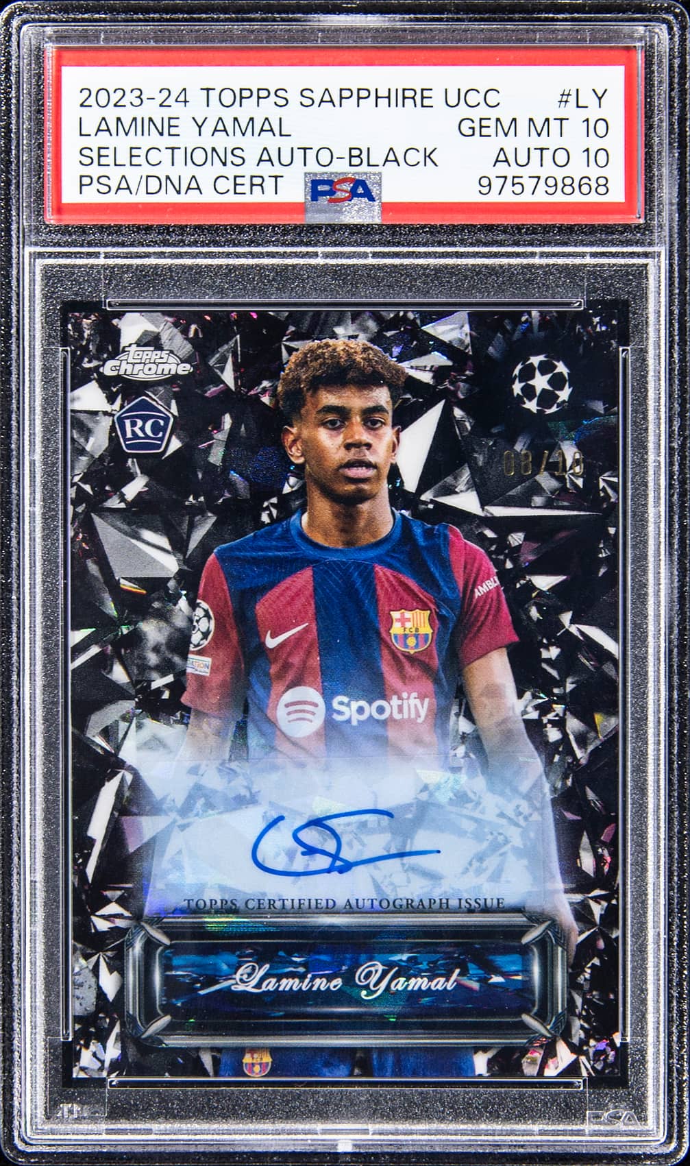 2023-24 Topps Chrome Sapphire Edition UCC Sapphire Selections Autographs Black #SSA-LY Lamine Yamal Signed Rookie Card (#08/10) - PSA 10, PSA/DNA GEM MT 10