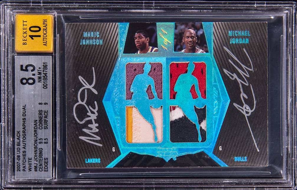 2007-08 Upper Deck Black Dual Patch Autographs White #DPA-MJ Magic Johnson/Michael Jordan Dual-Signed Game-Used Patch Card (#1/1) - BGS 8.5, Beckett 10