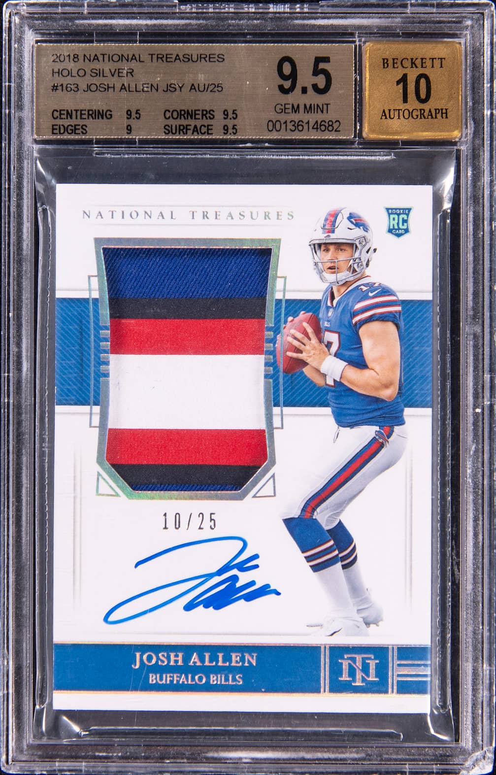 2018 Panini National Treasures Rookie Patch Autograph (RPA) Holo Silver #163 Josh Allen Signed Patch Rookie Card (#10/25) - BGS 9.5, Beckett 10