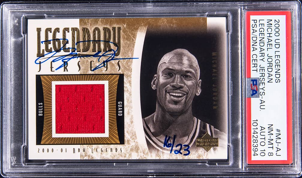 2000-01 Upper Deck Legends Legendary Jerseys Autograph #MJ-AJ Michael Jordan Signed Game-Used Relic Card (#16/23) - PSA 8, PSA/DNA GEM MT 10