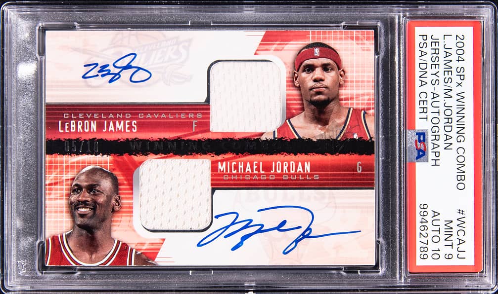 2004-05 Upper Deck SPx Winning Combo Jerseys Autograph #WCA-JJ LeBron James/Michael Jordan Dual-Signed Relic Card (#05/10) - PSA 9, PSA/DNA GEM MT 10
