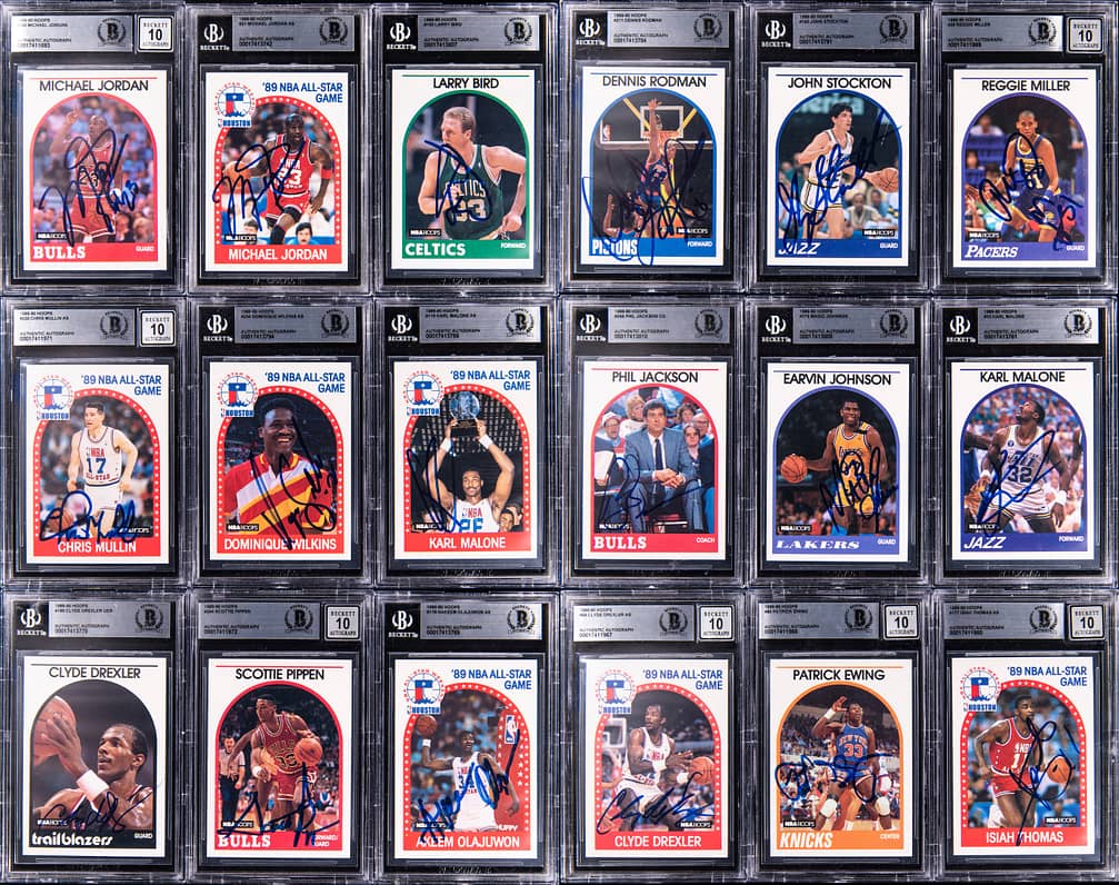 1989-90 Hoops Series 1 Complete Signed Cards Set (300) Including 33 BGS-Encapsulated Cards - Featuring Michael Jordan, Hakeem Olajuwon, David Robinson RC - Including Two Michael Jordan Signed Cards, With #200 Inscribed "#23" - Beckett Pre-Cert