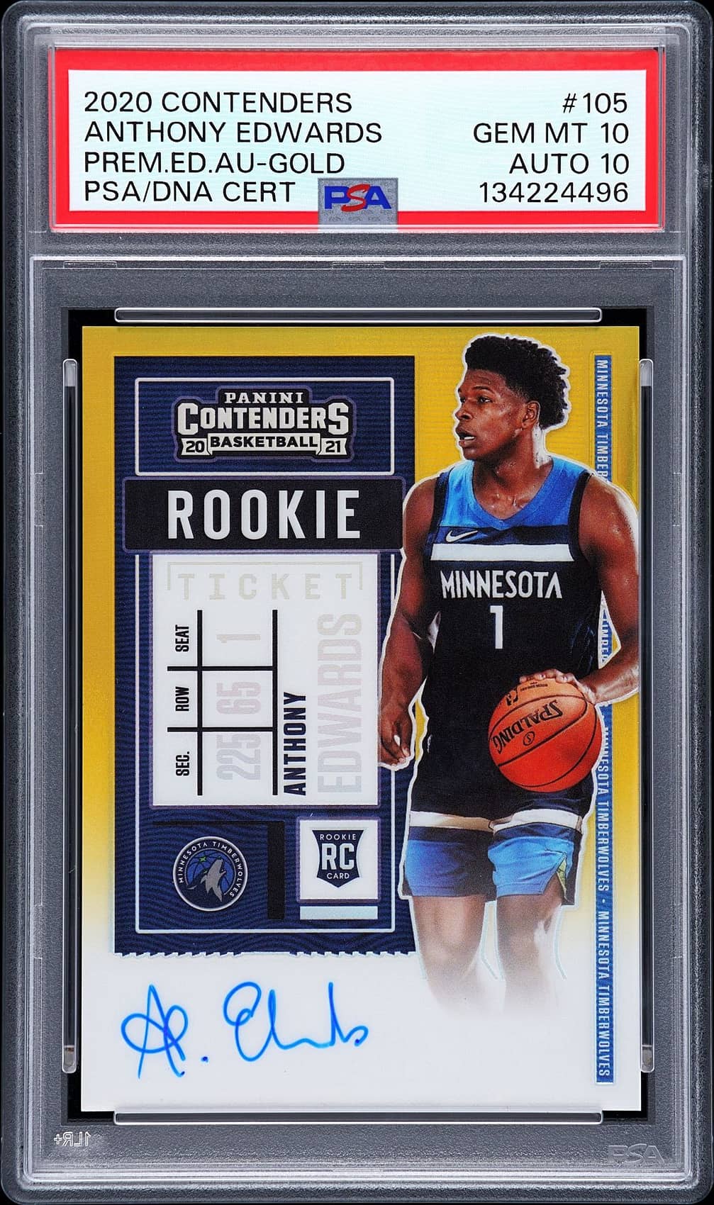 2020-21 Panini Contenders Rookie Ticket Autographs Premium Edition Gold #105 Anthony Edwards Signed Rookie Card (#04/10) - PSA 10, PSA/DNA GEM MT 10