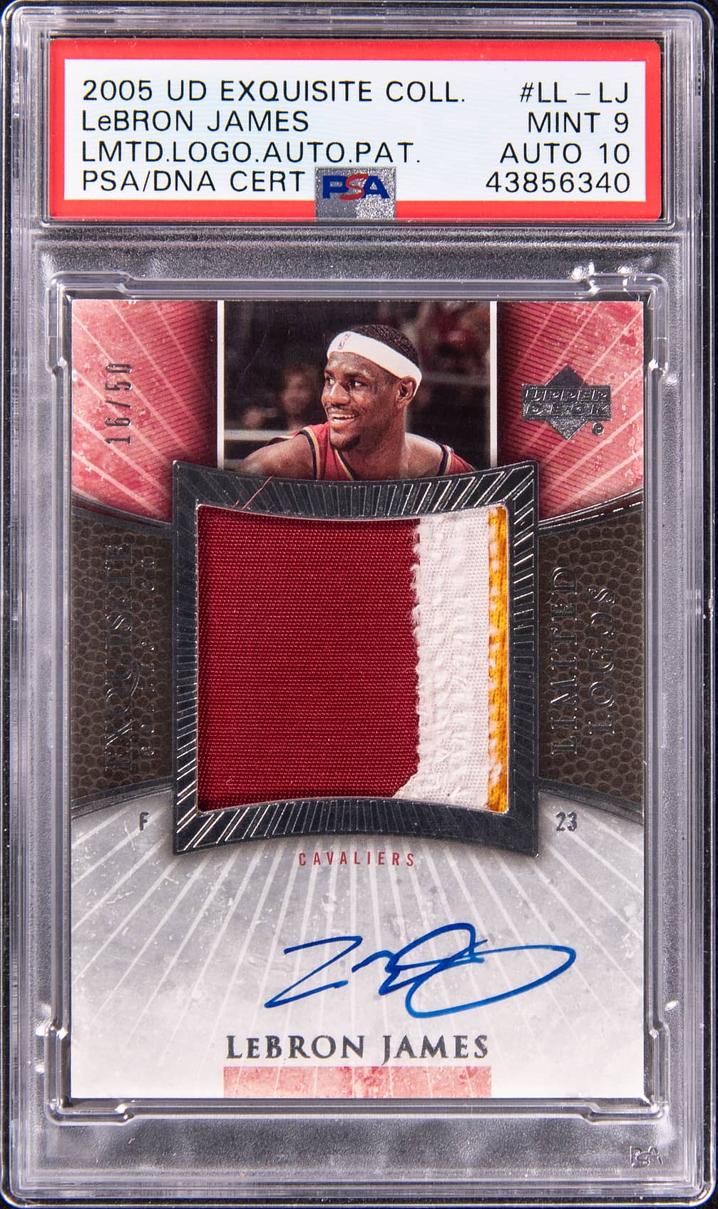 2005-06 Upper Deck Exquisite Collection Limited Logos Autograph Patch #LL-LJ LeBron James Signed Game-Used Patch Card (#16/50) - PSA 9, PSA/DNA GEM MT 10
