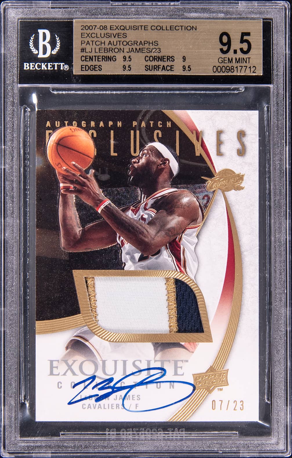 2007-08 Upper Deck Exquisite Collection Exclusives Patch Autographs #EAP-LJ LeBron James Signed Game-Used Patch Card (#07/23) - BGS 9.5, Beckett 10