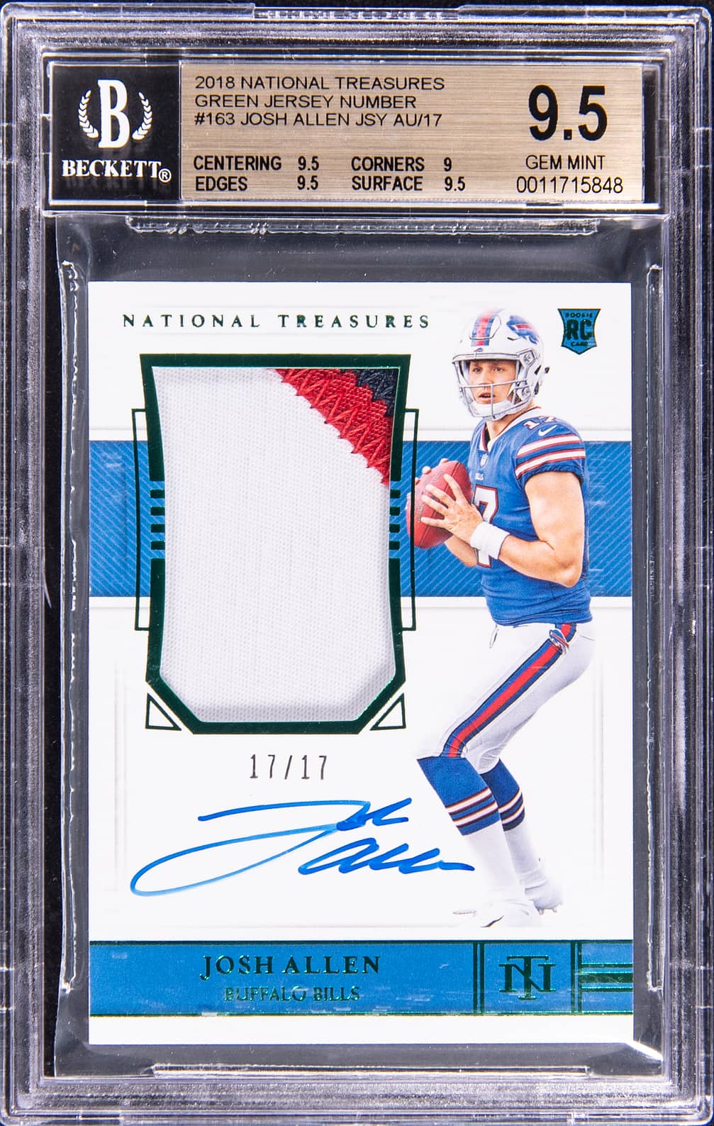 2018 Panini National Treasures Rookie Patch Autograph (RPA) Green Jersey Number #163 Josh Allen Signed Patch Rookie Card (#17/17) - Jersey Number - BGS 9.5, Beckett 10