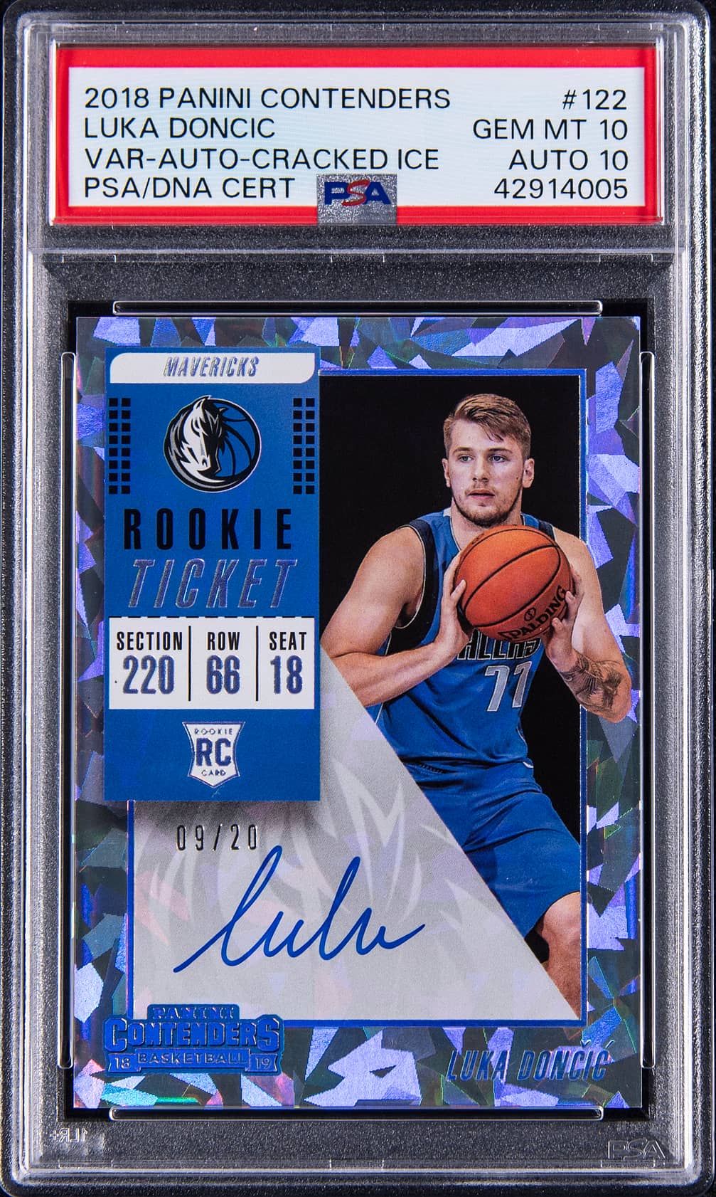 2018-19 Panini Contenders Rookie Ticket Autograph Variation Cracked Ice #122 Luka Doncic Signed Rookie Card (#09/20) - PSA 10, PSA/DNA GEM MT 10
