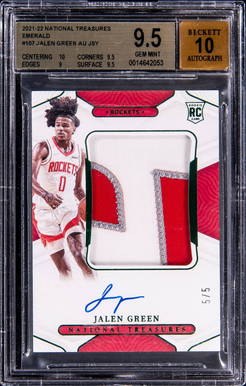 2021-22 Panini National Treasures Rookie Patch Autograph (RPA) Emerald #107 Jalen Green Signed Patch Rookie Card (#5/5) - BGS 9.5, Beckett 10