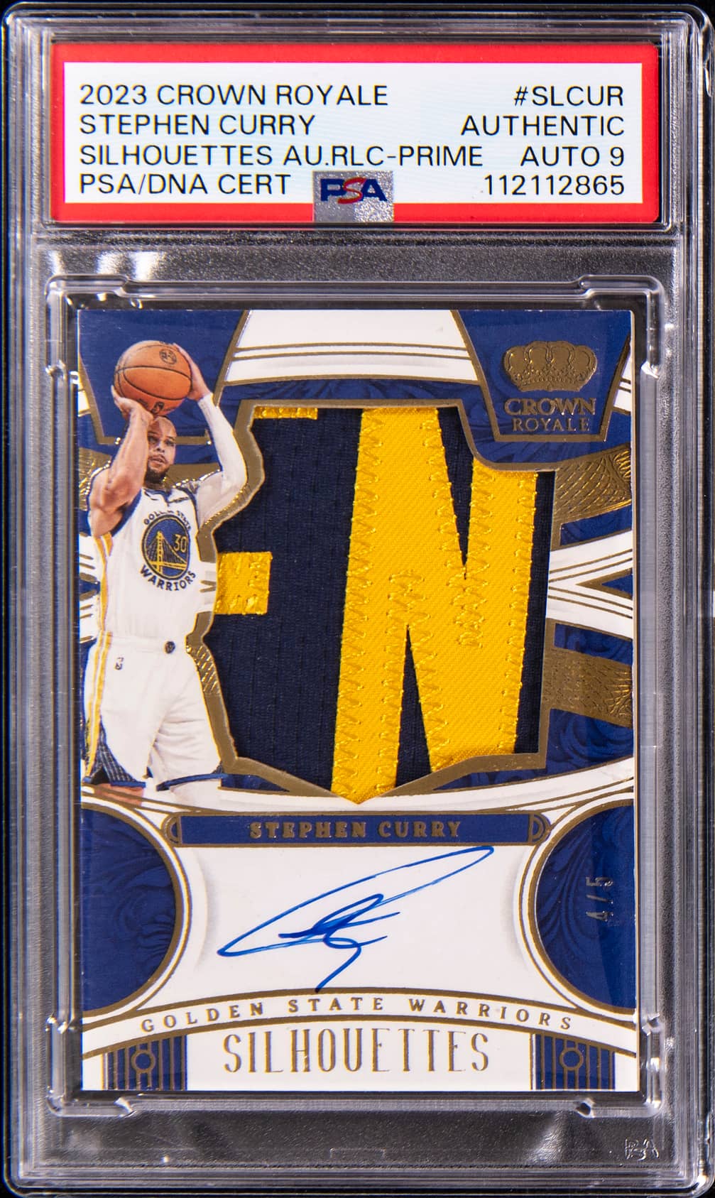 2023-24 Panini Crown Royale Silhouettes Autograph Relic Prime #SL-CUR Stephen Curry Signed Patch Card (#4/5) - PSA Authentic, PSA/DNA Mint 9