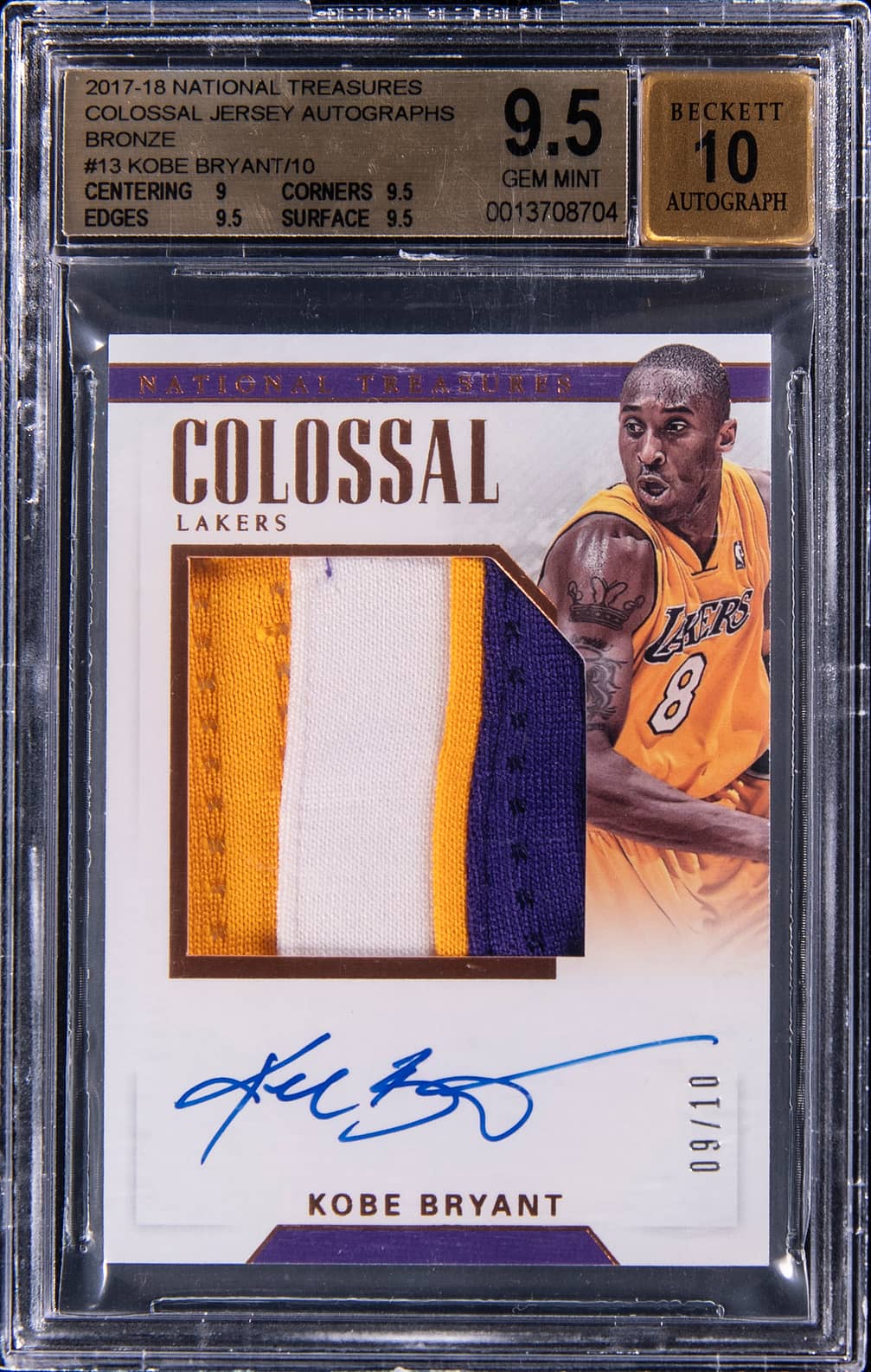 2017-18 Panini National Treasures Colossal Jersey Autographs Bronze #CJA-KBR Kobe Bryant Signed Patch Card (#09/10) - BGS 9.5, Beckett 10