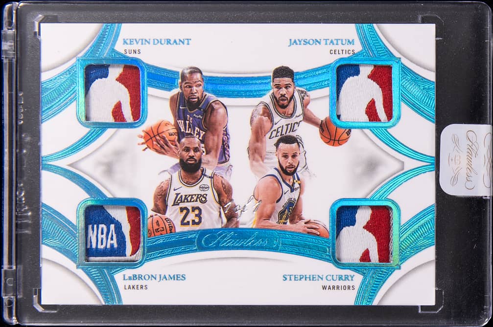 2024-25 Panini Flawless Quad Patches Platinum #QP-GLD Kevin Durant/LeBron James/Jayson Tatum/Stephen Curry Logoman Patch Card (#1/1) - Panini Encased