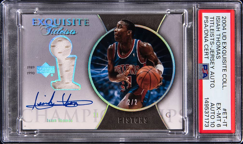 2004-05 Upper Deck Exquisite Collections Titleists Jersey Autograph #ET-IT Isiah Thomas Signed Relic Card (#2/2) - PSA 6, PSA/DNA GEM MT 10