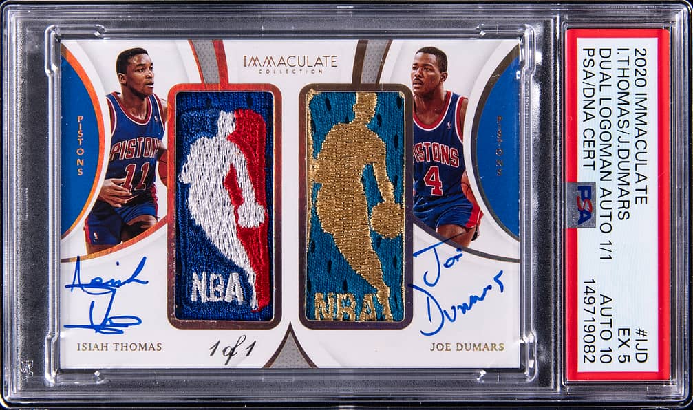 2020-21 Panini Immaculate Dual Logoman Autographs #DLA-IJD Isiah Thomas/Joe Dumars Dual-Signed Patch Card (#1/1) - PSA 5, PSA/DNA GEM MT 10
