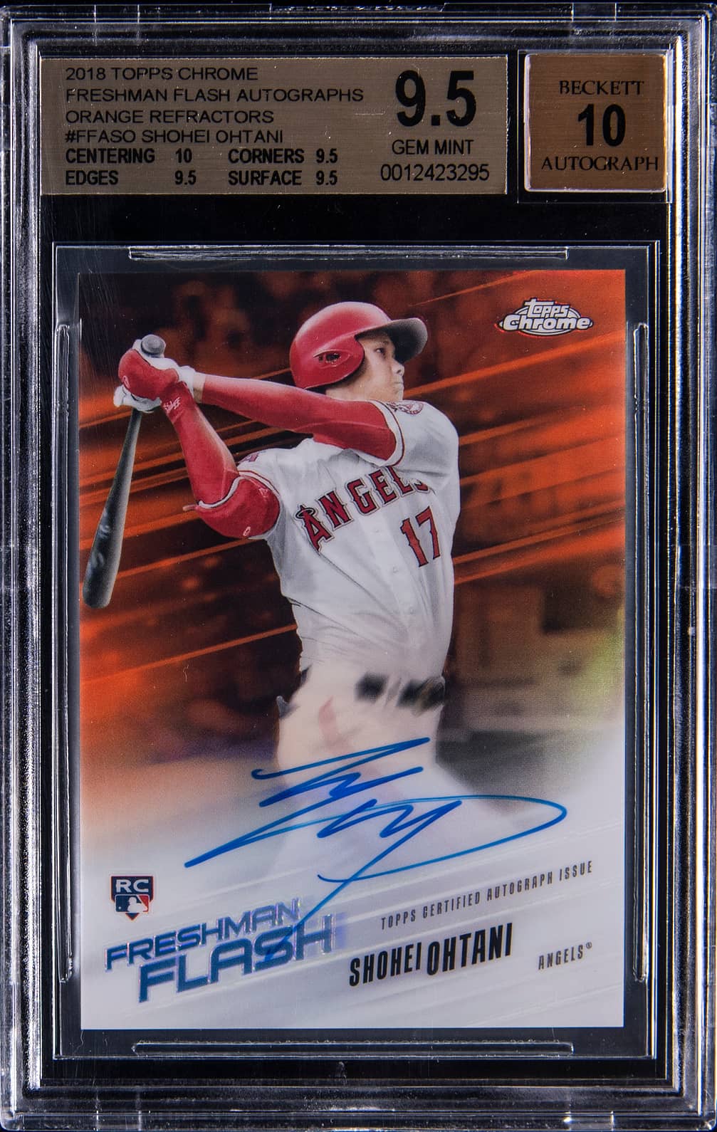 2018 Topps Chrome Freshman Flash Autographs Orange Refractor #FFA-SO Shohei Ohtani Signed Rookie Card (#15/25) - BGS 9.5, Beckett 10 - True Gem+