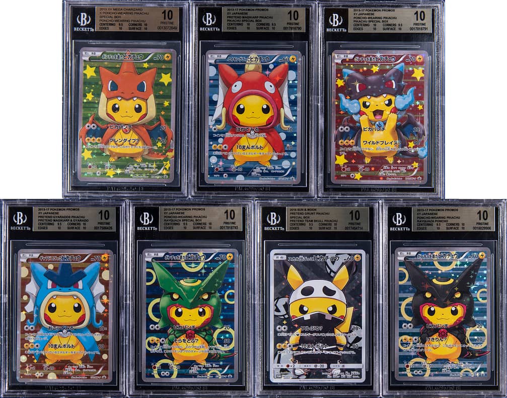 2013-17 Pokemon Japanese Poncho-Wearing Pikachu and Pretend Grunt Pikachu BGS 10 Promo Cards Collection (7 Different) - Including Pretend Team Skull Pikachu, Charizard X Poncho-Wearing Pikachu Examples