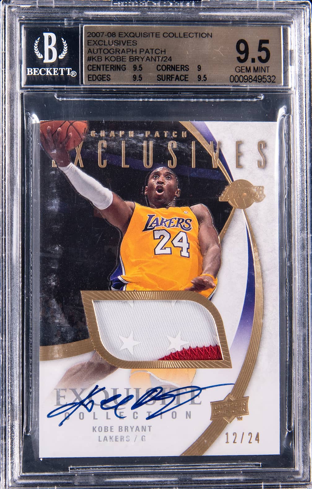 2007-08 Upper Deck Exquisite Collection Exclusives Autograph Patch #EAP-KB Kobe Bryant Signed Game-Used Patch Card (#12/24) - BGS 9.5, Beckett 10