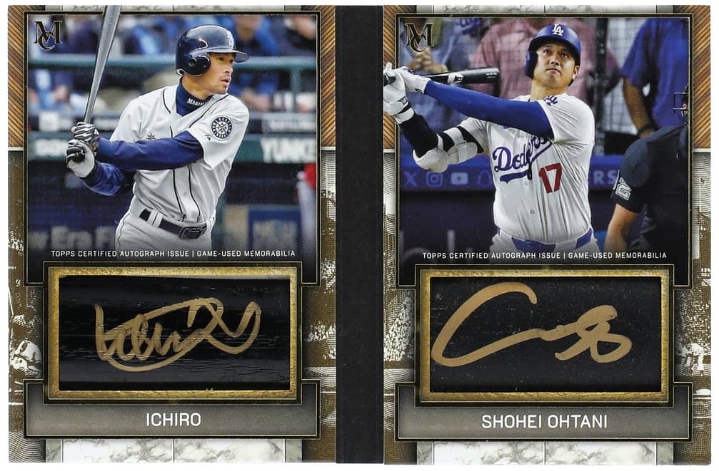 2025 Topps Museum Collection Dual Autographed Jumbo Lumber Bat Relic Booklets Gold #DAJLB-IOH Ichiro/Shohei Ohtani Dual-Signed Game-Used Relic Card (#3/3)
