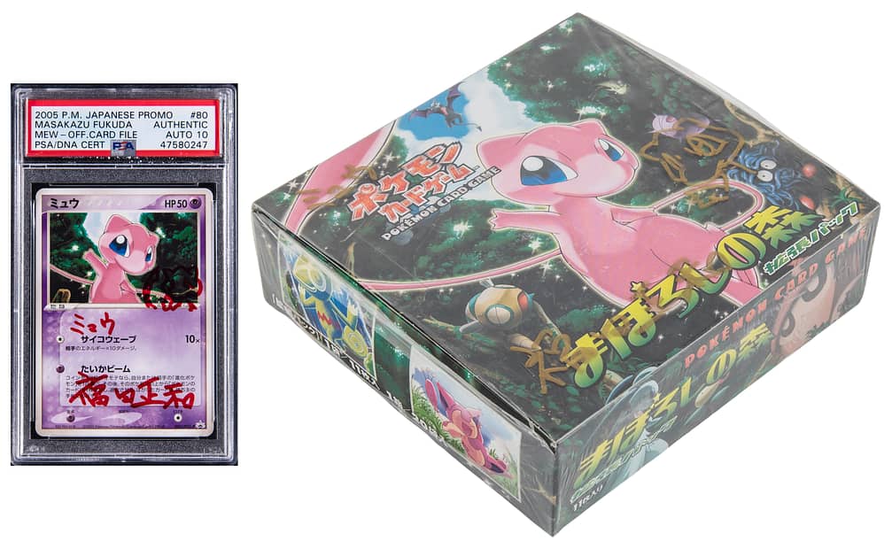 2005 Pokemon Japanese Mirage Forest Booster Box (20 Packs) Signed, Sketched by Fukuda With 2005 Pokemon Japanese Promo Official Card File #80 Mew - Signed, Sketched by Masakazu Fukuda - PSA Authentic, PSA/DNA GEM MT 10 - X-Ray Authority LOA, Beckett LOA