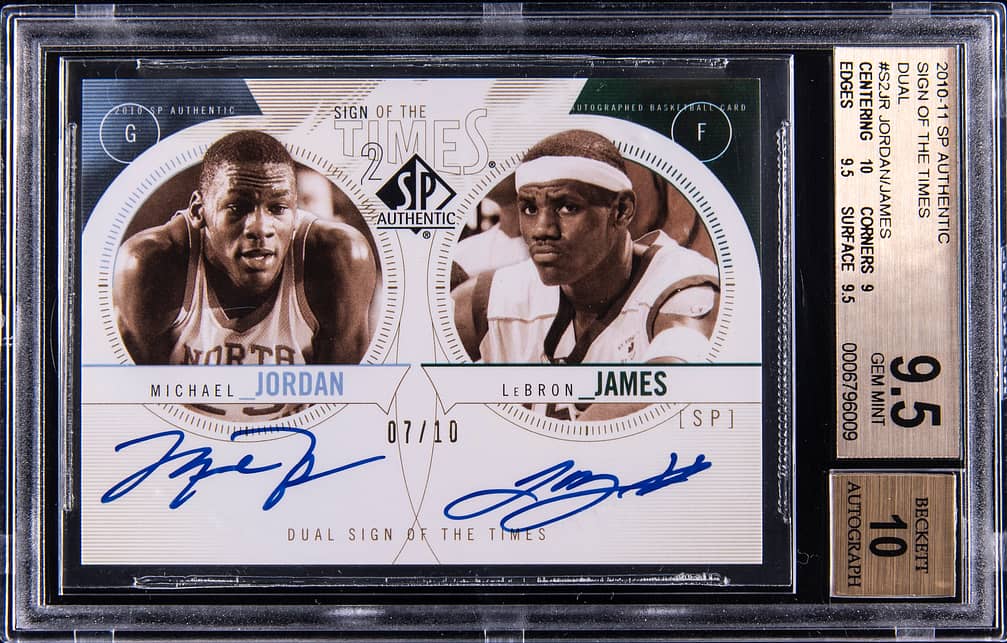 2010-11 Upper Deck SP Authentic Sign Of The Times Dual #S2-JR Michael Jordan/LeBron James Dual Signed Card (#07/10) - BGS 9.5, Beckett 10