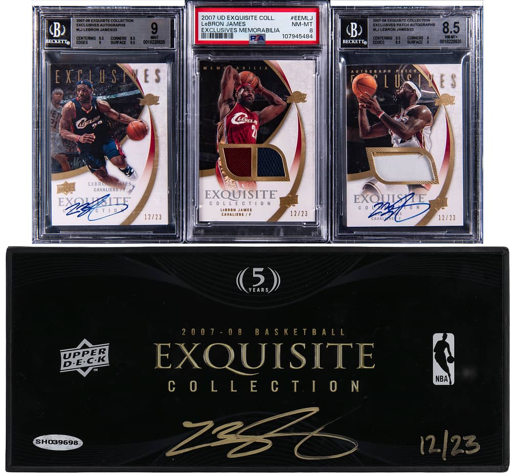 LeBron James Signed 2007-08 Upper Deck Exquisite Collection Empty Box (#12/23) - With (3) PSA- and BGS-Graded (#12/23) Cards - Upper Deck COA