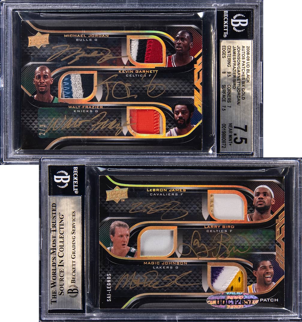 2008-09 Upper Deck Black Auto Patches Six Gold #SAJ-LEGNDS Michael Jordan/LeBron James/Kevin Garnett/Walt Frazier/Larry Bird/Magic Johnson Multi-Signed Game-Used Patch Card (#2/3) - BGS 7.5, UDA