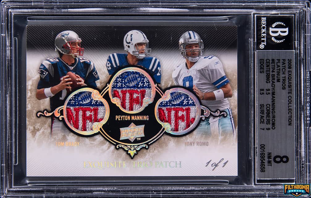 2008 Upper Deck Exquisite Collection Patch Trios Platinum #ETP-4 Tom Brady/Peyton Manning/Tony Romo Game-Used NFL Shield Patch Card (#1/1) - BGS 8