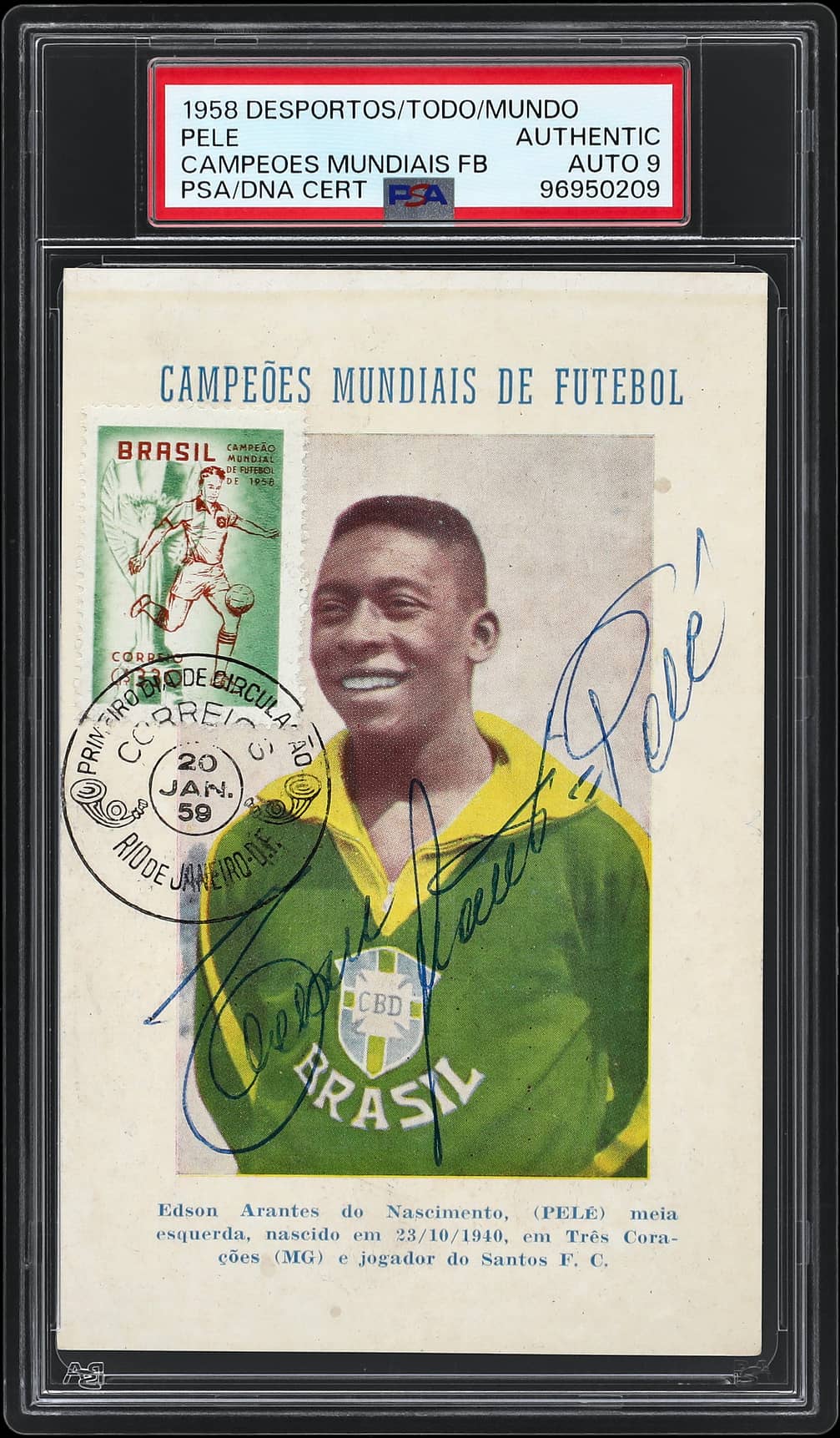 1958 Campeoes Mundiais De Futebol Pelé Vintage-Signed Rookie Card - PSA Authentic, PSA/DNA Mint 9, Exquisite and Oversized RC with Full-Name Signature