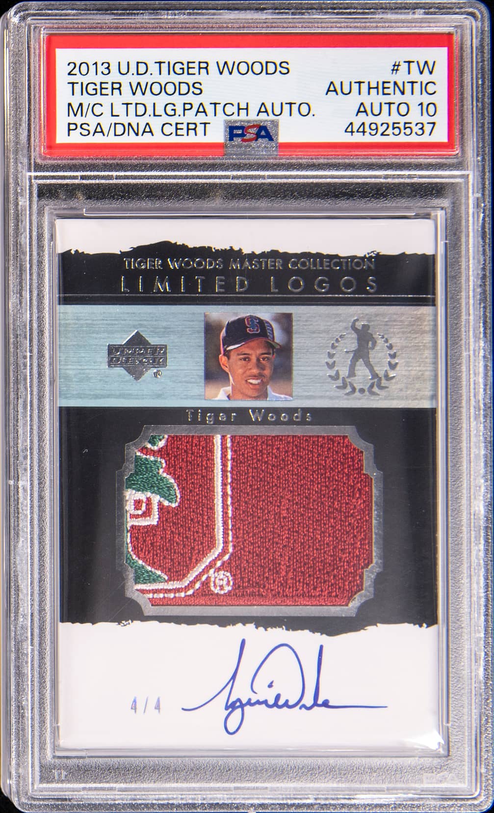 2013 Upper Deck Tiger Woods Master Collection Limited Logos Patch Autograph #LL-TW Tiger Woods Signed Patch Card (#4/4) - PSA Authentic, PSA/DNA GEM MT 10