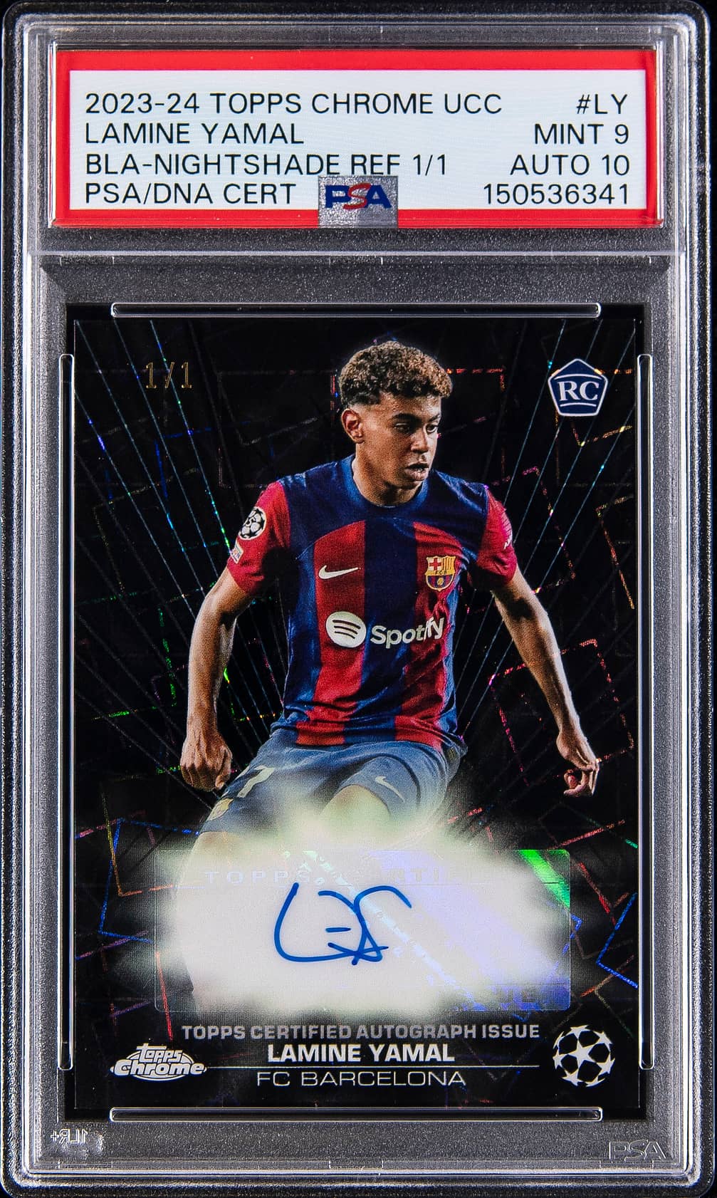 2023-24 Topps Chrome UCC Black Lazer Autographs Nightshade Refractor #BLA-LY Lamine Yamal Signed Rookie Card (#1/1) - PSA 9, PSA/DNA GEM MT 10